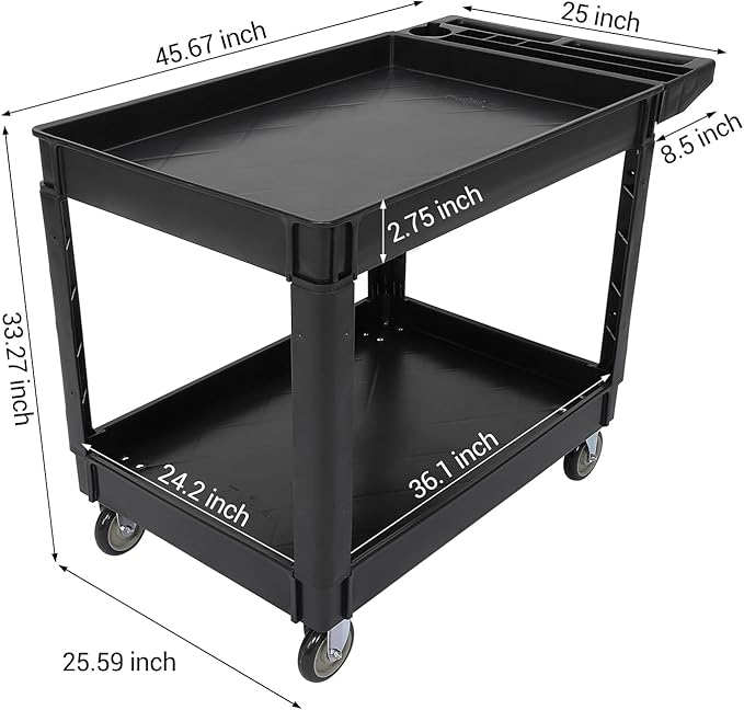 Utility Service Cart with Wheels and Two Trays Service Cart 2-Shelf 500lbs Rolling Utility Cart for Warehouse/Garage/Cleaning/Manufacturing 2 Tier Heavy Duty Uline Tool Cart 45X25 Black