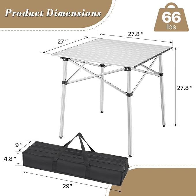 Athena Collection Foldable Camping Table 28 Small Aluminum Outdoor Folding Camp Table with Roll Up Tabletop and Carry Bag Lightweight and Portable for Outdoor Camping Picnic Grilling Silver