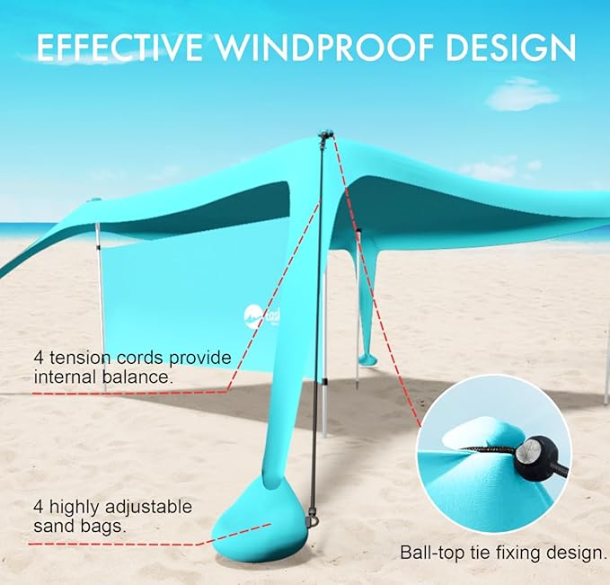 Beach Canopy Tent Shade with Sidewalls 10x10FT 6.6FT Tall UPF50+ Sun Shelter Windproof &amp Water Resistant Includes Guylines Sand Shovel Stability Poles Easy Up for Beach Outdoor Camping Backya