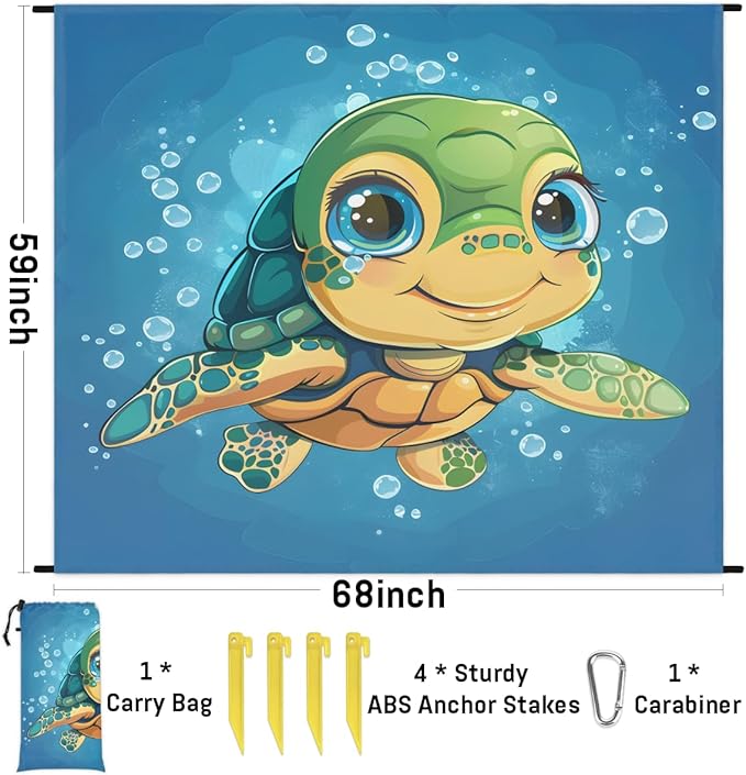 Waterproof Sandproof Beach Blanket 59''×68'' Turtle Polyester Outdoor Picnic Blanket with 4 Stakes &amp Storage Bag for BeachCampingVacation Lake Blue