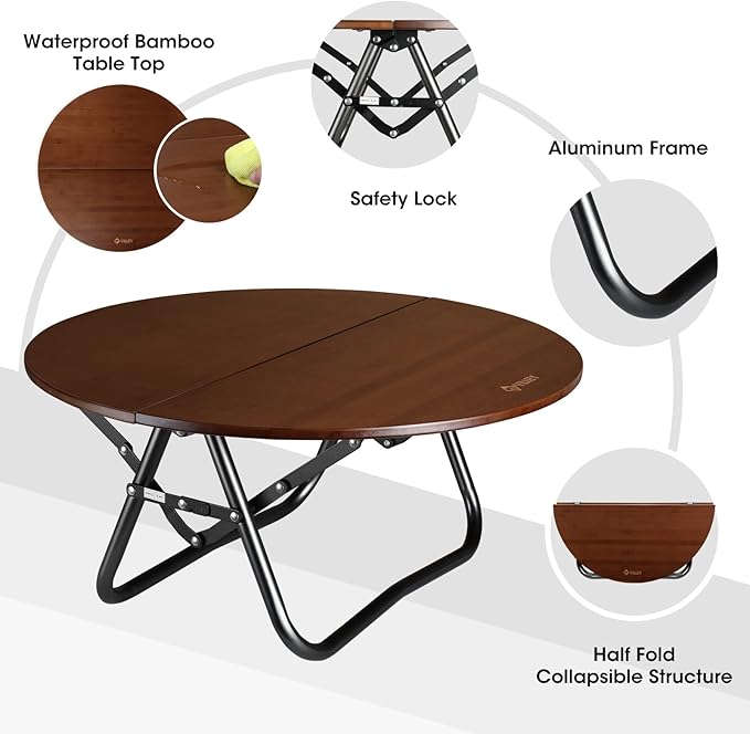 VILLEY Bamboo Round Folding Table Camping Half-fold Portable Table with Carrying Bag for Indoor &amp Outdoor Picnic Coffee Barbecue Beach Card Game