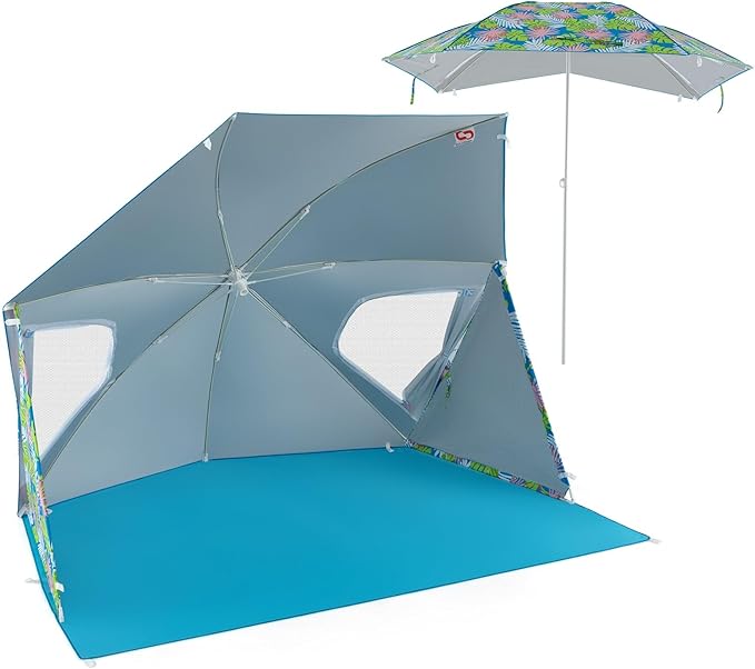 2-in-1 Beach Tent for 2-4 People UPF 50+ with Beach Umbrella with Roll-Up Windows Dual Side Flaps Groundsheet &amp Carry Bag Beach Shade for Camping Picnic &amp Sports Events