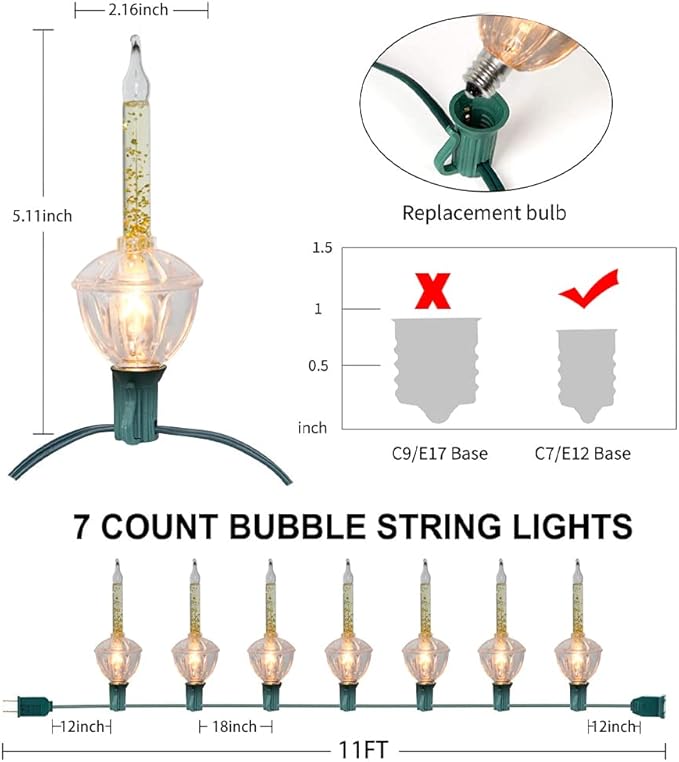 Christmas Traditional Bubble Light and Stringer 2 Pack Set: 7 Clear Bulbs with Golden Glitter for Christmas Tree Holiday Lighting C7/E12 Candelabra Base 2 Pack-14 Lights in Total - Green Wire