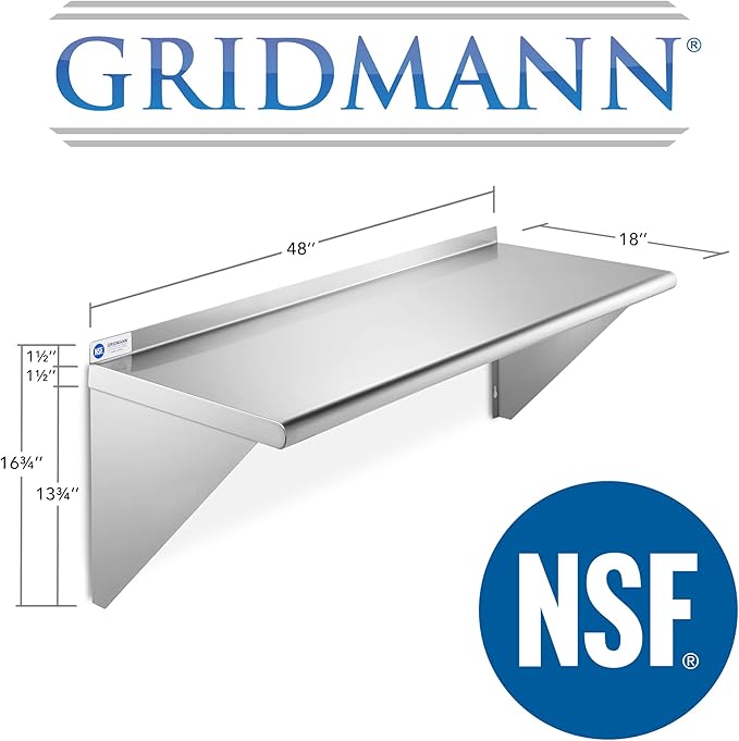 GRIDMANN 18 x 48 Stainless Steel Wall Mount Shelf with Backsplash 16 Gauge Commercial Grade - NSF Certified - Shelving for Restaurant Kitchen Utility Room Garage