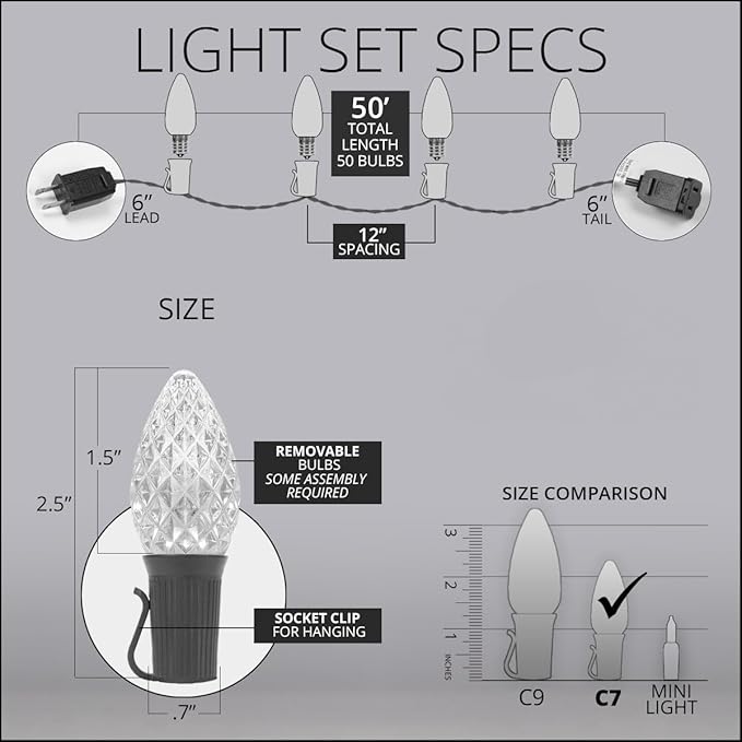 Wintergreen Lighting 50 ft C7 Orange OptiCore Commercial Christmas Lights LED Halloween Holiday Party on Heavy Duty Green Wire (50 ft Amber/Orange)