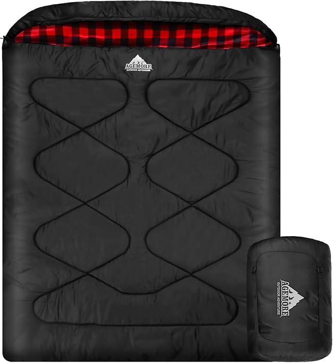 AGEMORE Cotton Flannel Double Sleeping Bags for Adults Cold Weather Waterproof Queen Size Sleeping Bag 2 Person Double Wide Warm Sleeping Bag for Family or Couples Outdoor Camping or RV Traveling