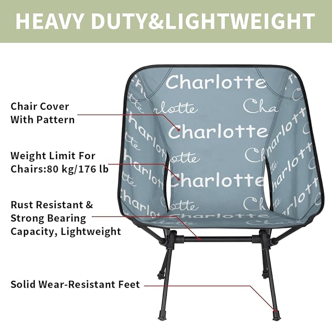Custom Camping Chair Personalized Portable Backpacking Chair with Name Lightweight Folding Chair for Beach Hiking Grey Blue