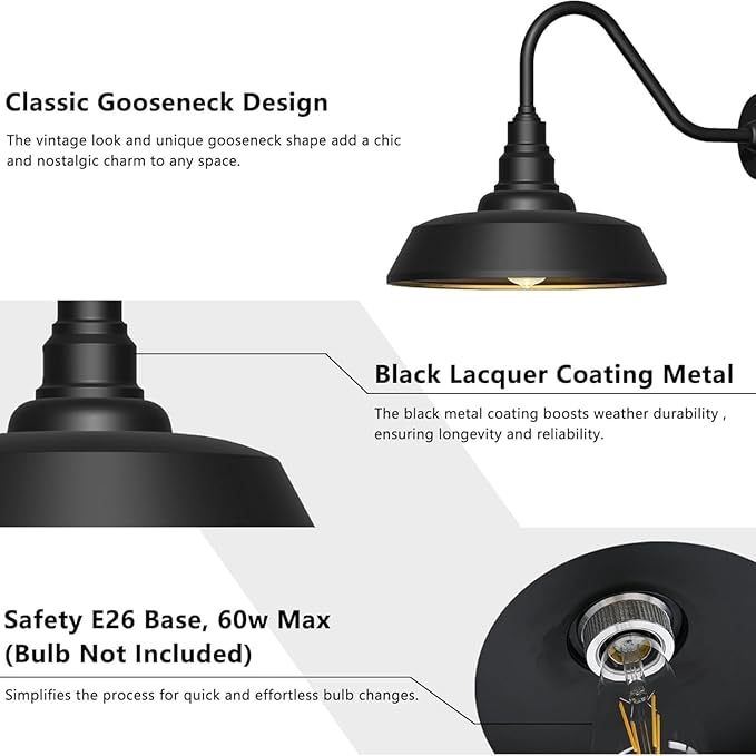 AGB101-AS18-Matte Black Gooseneck Barn Light - Matte Black Outdoor Dome with Incandescent Downlight | Wall-Mount Fixture for Patios Gardens Pathways and Large Outdoor Living Spaces