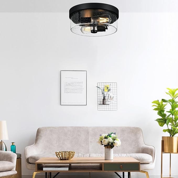 Black Flush Mount Ceiling Light Fixtures 2-Light Ceiling Mount for Farmhouse with Seeded Glass Lampshade Industrial Flush Mount Light Fixture Farmhouse for Hallway Kitchen Entryway and Foyer