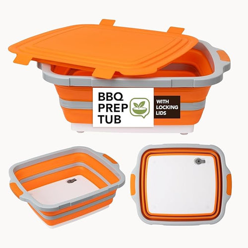 16L Orange Collapsible BBQ Prep Tub with Locking Lids &amp 21 Inch Oxford Black BBQ Blanket for Resting Meat