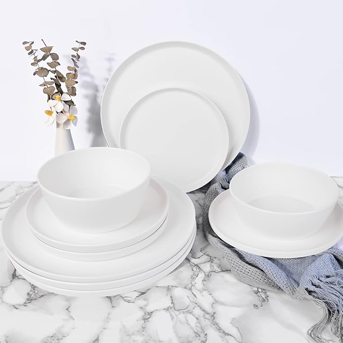 12-Piece Plastic Dinnerware Set Plates and Bowls Sets Service for 4 Matte White Melamine Plates Unbreakable Plastic Outdoor Camping Dishes Decor Dishwasher Safe