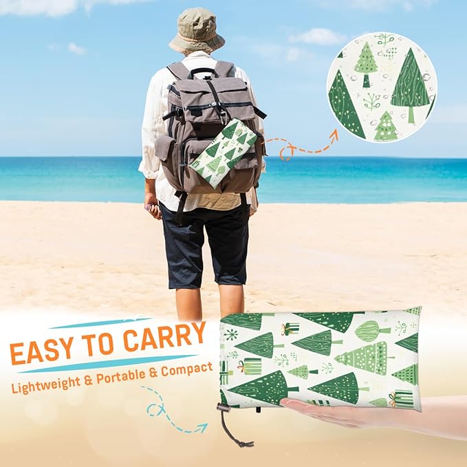 Waterproof Sandproof Beach Blanket 59''×68'' Christmas Tree Polyester Outdoor Picnic Blanket with 4 Stakes &amp Storage Bag for BeachCampingVacation Green
