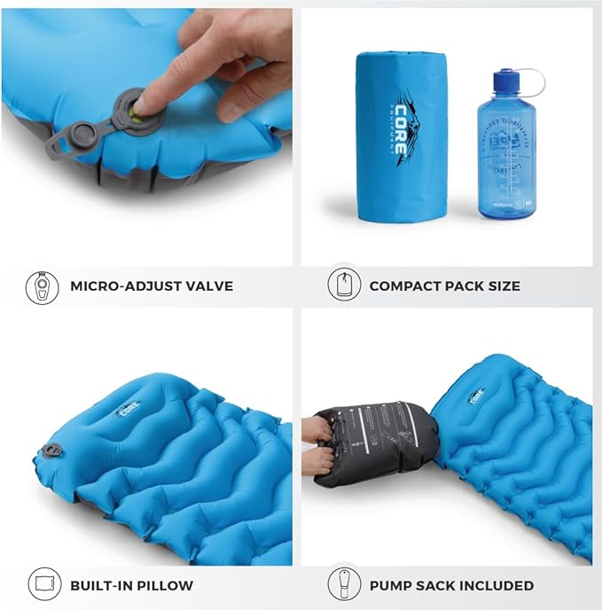 CORE Sleeping Pad for Camping | Perfect Ultralight Sleeping Mat for Tents Camping Cot &amp Backpacking Gear | Lightweight &amp Inflatable Blow Up Mattress for Travel Hiking &amp Outdoor Use
