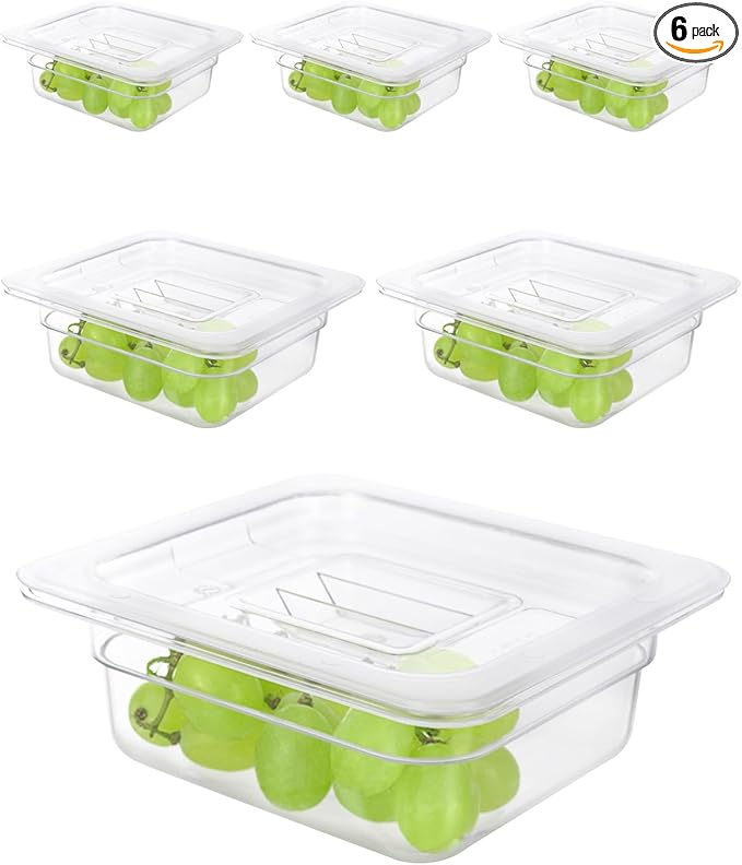 6 Pack Food Pan with Lids1/6 Size Shatterproof Stackable Plastic Hotel Food Pan for Party Catering Home kitchens Meal Prep-40°F to 212°F (1.1QT(1.1L) 1/6 size 2.5 deep)