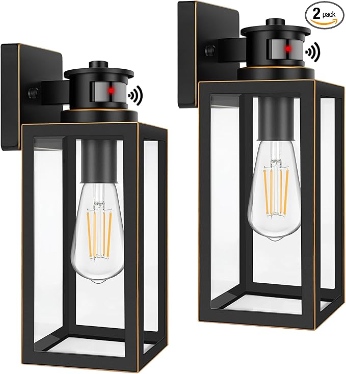 2-Pack Motion Sensor Outdoor Wall Lights Waterproof Dusk to Dawn Exterior Wall Light Fixtures Oil Rubbed Bronze Outside Porch Lights for House Garage Motion Sensor Wall Lanterns with Clear Glass