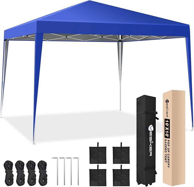 Yesker 10x10 Pop Up Canopy Tent UPF 50+ Waterproof Outdoor Canopy Portable Folding Easy Setup Gazebo Adjustable Height Instant Sun Shade Tent with Wheeled Bag for Events Parties Camping Patio Blue