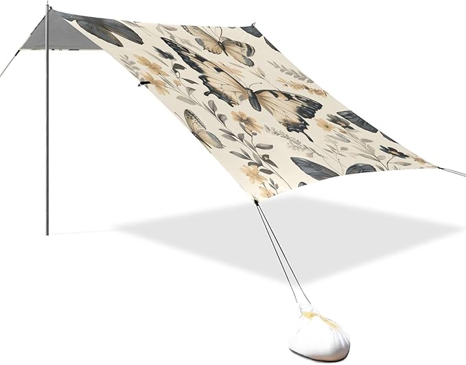 Butterflies Beige Pattern Beach Tent Sun Shelter 9.2' x 10.5' Beach Canopy with 4 Sandbags 4 Stability Poles Sand Shovels - Tent Canopy for Beach Camping Fishing Picnics