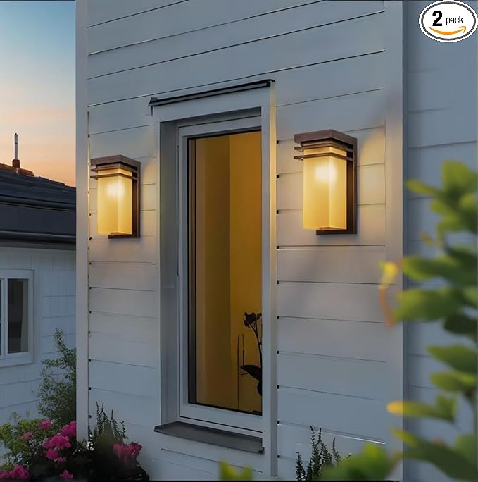 Outdoor Wall Lights Set of 2 Front Porch Sconce Lighting Wall Mount Exterior Wall Lamps with Antique Amber Glass for House Patio Light Fixture Commercial Use E26 Base
