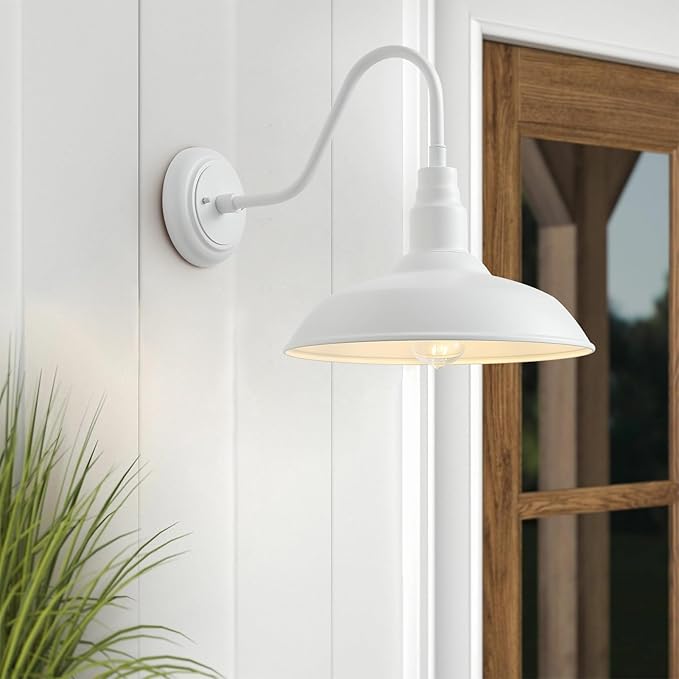 2 Pack 14in Barn Gooseneck Lights for House White Outdoor Farmhouse Wall Light Fixture for Porch Exterior Patio Wall Sconce for Front Door Garage