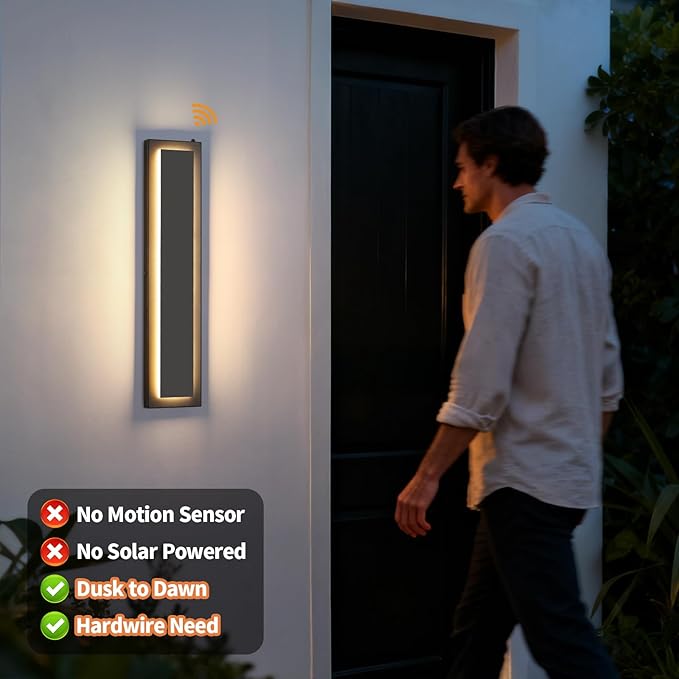 tewei 23.6'' Dusk to Dawn Outdoor Wall Lights Modern Black LED Outdoor Wall Sconce Large Long Exterior Lighting Fixtures Outside Porch Lights for House Garage Warm White 3000K 1 Pack