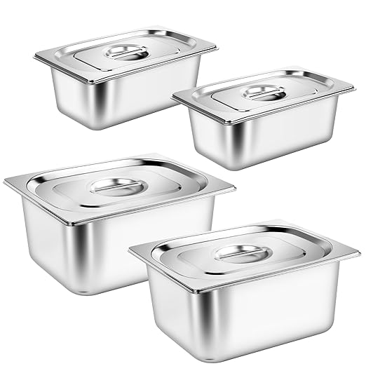 4 Set Hotel Pans with Lids 2 × 1/2 Size 6'' Deep &amp 2 × 1/4 Size 4'' Deep Steam Table Pans with Lid &amp Clip Anti-Jam Stainless Steel Metal Hotel Pans for Home Party Hotel Buffet Catering Food
