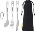 SILVERANT Titanium 3 Piece Cutlery Set Extra Strong Ultra-Lightweight Durable Knife Fork &amp Spoon Tableware for Outdoor Camping &amp Hiking Comes with Drawstring Bag &amp Titanium Carabiner