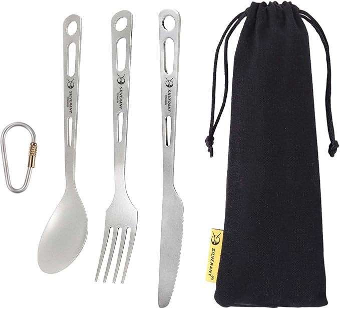 SILVERANT Titanium 3 Piece Cutlery Set Extra Strong Ultra-Lightweight Durable Knife Fork &amp Spoon Tableware for Outdoor Camping &amp Hiking Comes with Drawstring Bag &amp Titanium Carabiner