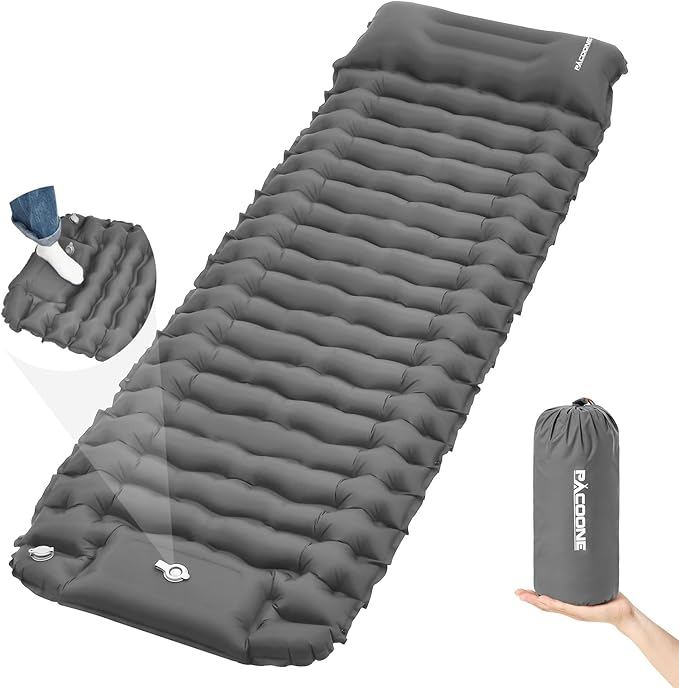 Camping Sleeping Pad Connectable Design for Double Mat Ultralight Inflatable Sleeping Mat with Pillow Built-in Foot Pump Portable Camping Air Mattress for Backpacking Hiking Tent (Grey)