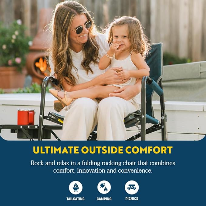 GCI OUTDOOR Freestyle Rocker with Side Table Camping Chair | Portable Folding Rocking Chair with Solid Durable Armrests Drink Holder &amp Comfortable Backrest — Heathered Indigo