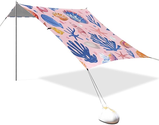 Summer Marine Colorful Seashells Camping Sun Shelter Beach Tent Portable Beach Sun Shade Outdoor Canopy for Camping Trips Fishing Picnic