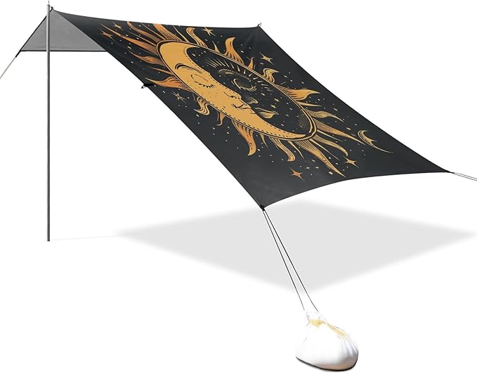 ALAZA Sun Moon Star Yingyang Beach Tent Sun Shelter UPF50+ Protection Beach Shade Canopy w/ 4 Sandbags for Outdoor Camping Fishing Backyard Fun Picnic 10x9 ft