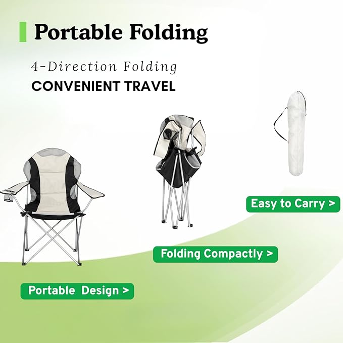 Portable Camping Chair with Back Support Folding Outdoor Padded Lawn Chair with Cup Holder Storage for Hiking Lawn Concert Fishing Iron Frame 600D Fabric
