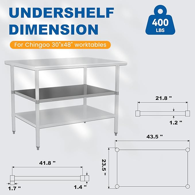 Stainless Steel Undershelf 30x48 Inches for Commercial Work Table - Bottom Shelf Add-On Extra Storage for NSF Kitchen Restaurant Café Bakery or Food Prep Stations