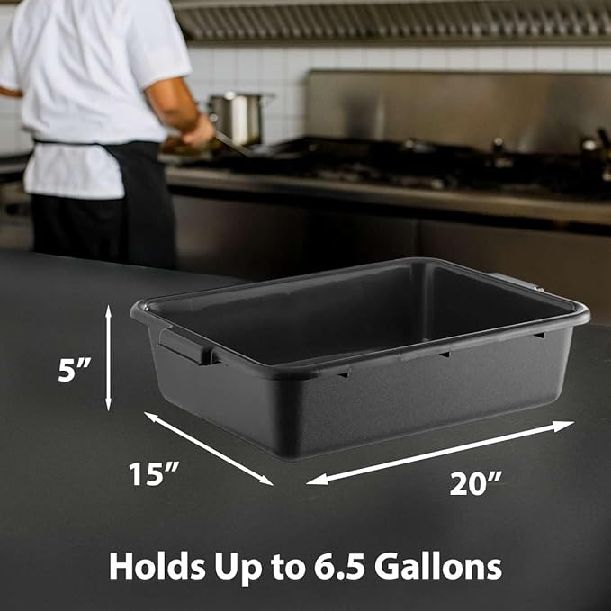 6-Pack 20 x 15 x 5 Commercial Bus Tub/Bus Box - 6.5 Gallons without Lid - Heavy-Duty Polypropylene Dish Box for Restaurants Kitchens and Foodservice - Stackable and Freezer-Safe - Black