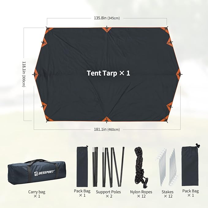 Bessport Camping Tarp 16×9.8FT with 2 Poles Lightweight Car Awning Sunshade Portable Multifunctional Backpacking PU 3000mm Waterproof Rain Fly Hammock Tarp for OutdoorTraveling Hilking