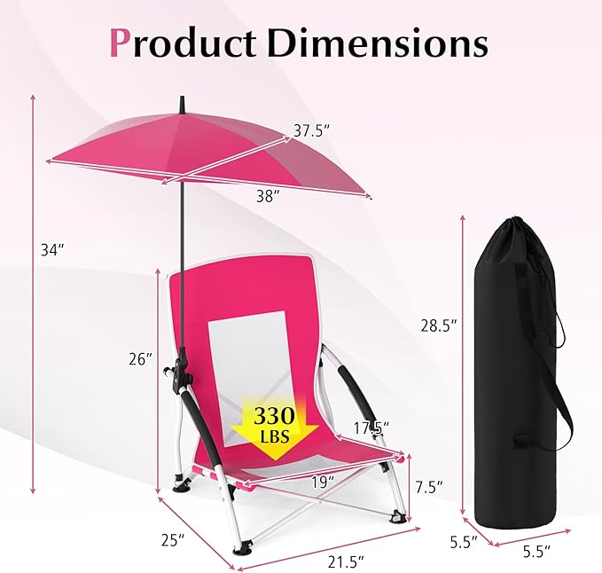Goplus Beach Chair with Umbrella 2 Pack 330lbs Folding Backpack Chairs for Adults with Adjustable Parasol Comfy Armrest Breathable Seat Lightweight Portable Low Sand Chair for Lawn Camping