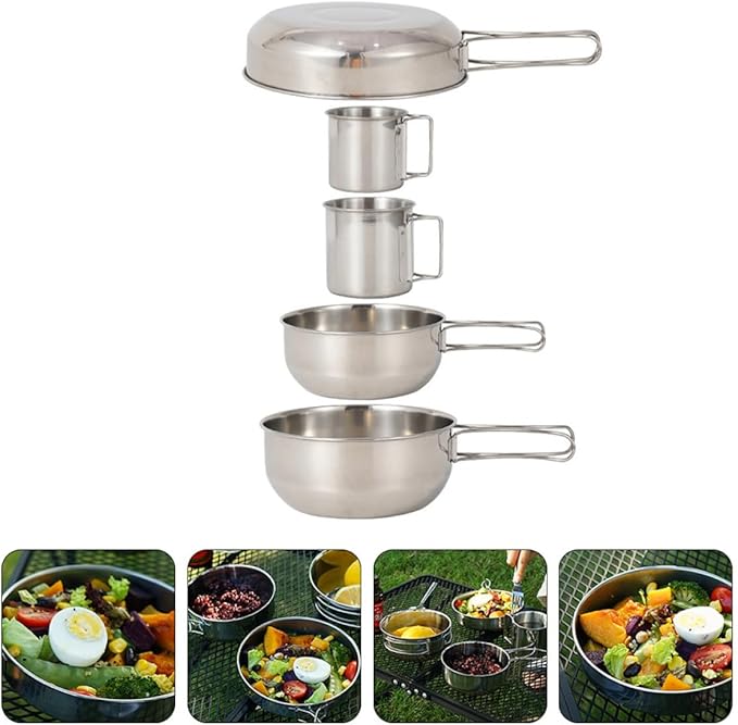 5pcs Stainless Steel Picnic Pot and Cups Set Outdoor Camping Tableware Mess Kit for Hiking Fishing Cooking