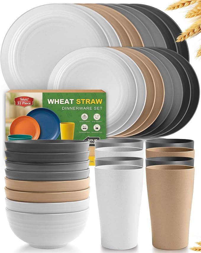 Teivio 32-Piece Kitchen Plastic Wheat Straw Dinnerware Set Service for 8 Unbreakable Plates Bowls and Cups Set Farmhouse Outdoor Camping Dishes for Rustic Life/Country/Vintage Country