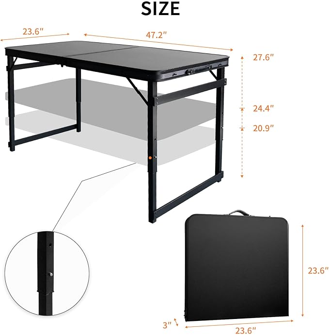 4FT x 2FT Folding Camping Table with Aluminum Alloy Legs Adjustable Height Portable Outdoor Picnic Table for Camping Travel Parties Kids Crafts and Market Vendor Use