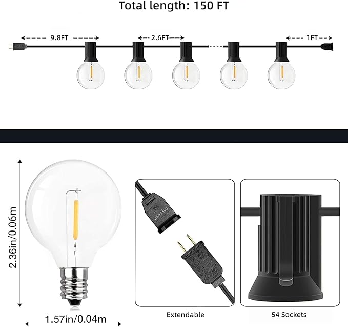 GPATIO Outdoor String Lights 150FT G40 Bulbs Shatterproof Patio Lights Waterproof Dimmable Hanging Outdoor Lights Connectable LED Outside Lights for Backyard Yard Gazebo Porch Party