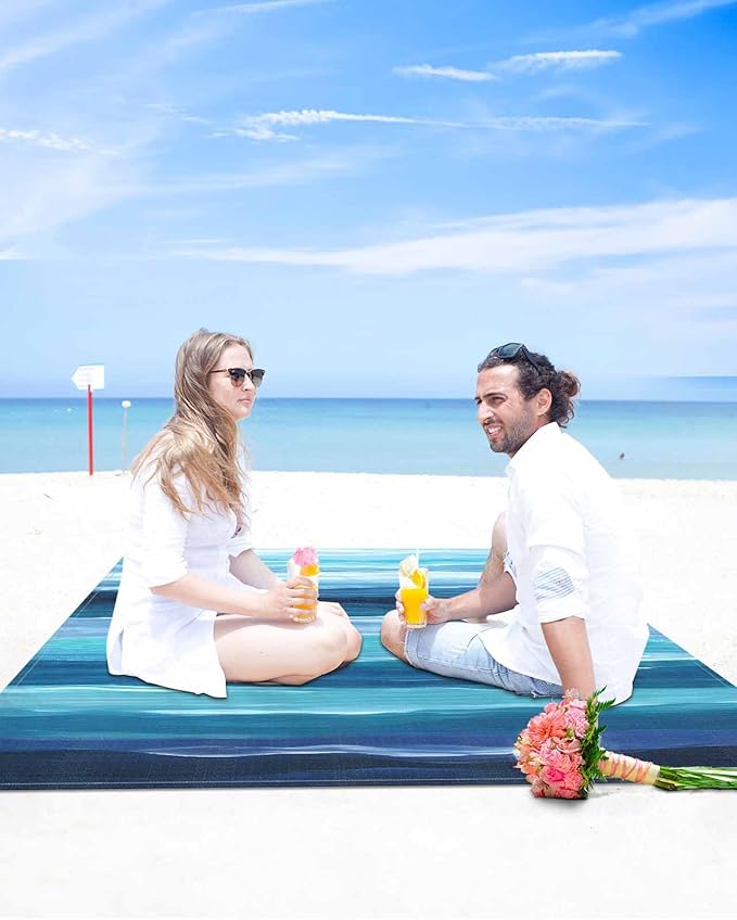 Beach Blanket Waterproof Sandproof Picnic Blanket 83x79 Foldable Beach Mat with Blue-green Stripes Ocean Beach Watercolor Pattern for Camping Park Grass Beach Travel
