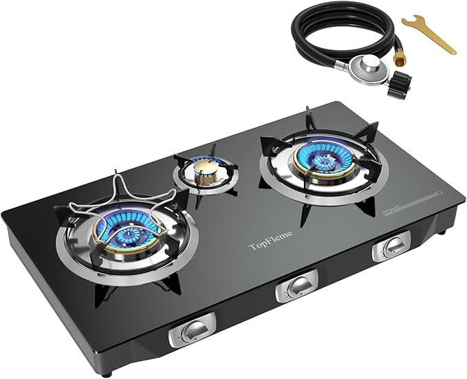 3 Burner Propane Stove 32300 BTU High-Efficiency Tempered Glass Auto-Ignition Gas Burner Stove Top with CSA Hose for Outdoor RV Camping Emergency Cooking