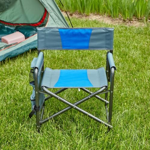 1-Piece Padded Folding Outdoor Chair with Storage PocketsLightweight Oversized Directors Chair for Indoor Outdoor Camping Picnics and FishingBlue/Grey
