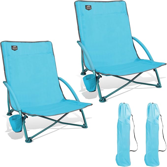 2 Pack Low Beach ChairFolding Recliner Camping Chair for AdultsLightweight Backpacking Low Seat Camping Chairs with Cup HolderCarry Bag for Outdoor Camp Lawn Picnic FestivalBlue