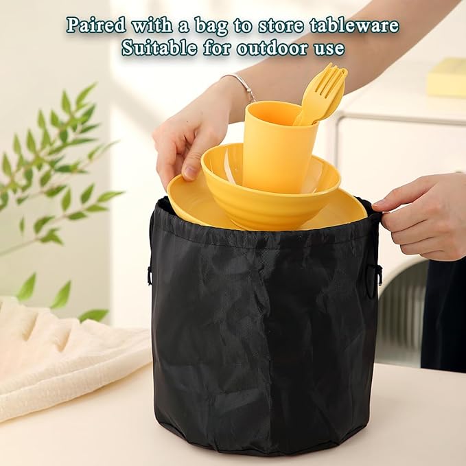 Camping Mess Kit for 4 with Bowl Plate Cup Spoon Fork Knife and Carry Bag Plastic Camping Accessories Essentials Gear for Travel Picnic Outdoor Easy to Carry &amp Store