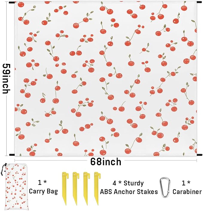 Waterproof Sandproof Beach Blanket 59''×68'' Decorative Cherry Pattern Polyester Outdoor Picnic Blanket with 4 Stakes &amp Storage Bag for BeachCampingVacation