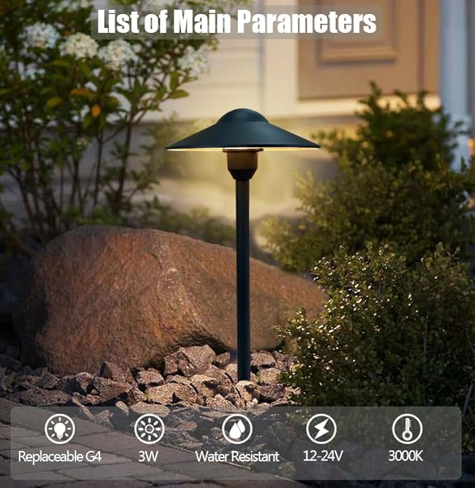 Low Voltage Pathway LightsCast Aluminum Landscape Lighting Path Light Garden Driveway Walkway Lighting 12-24V Replaceable G4 LED Bulb Wire Connectors Included 2-Pack Black Finish Round Hat