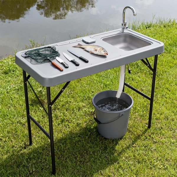 Gray Outdoor Utility Table for Cleaning Fish Deer Cleaning Station Wash Table for Garage Garden Fish Fillet Table Hunting Gear Camping Accessories Washing Tables Folding Table with Sink Faucet
