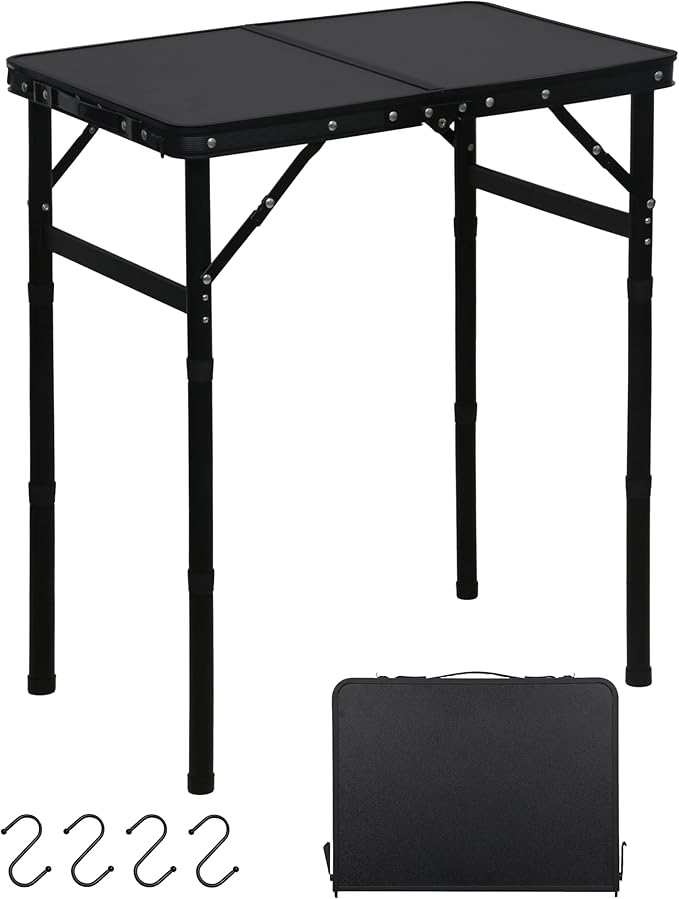 LOFTEY Small Folding Camping Table 2ft Aluminum Portable Folding Table 3 Adjustable Heights | Portable Handle | Lightweight for Travel &amp Outdoor 23.6 x 15.7 x 27.5H Black
