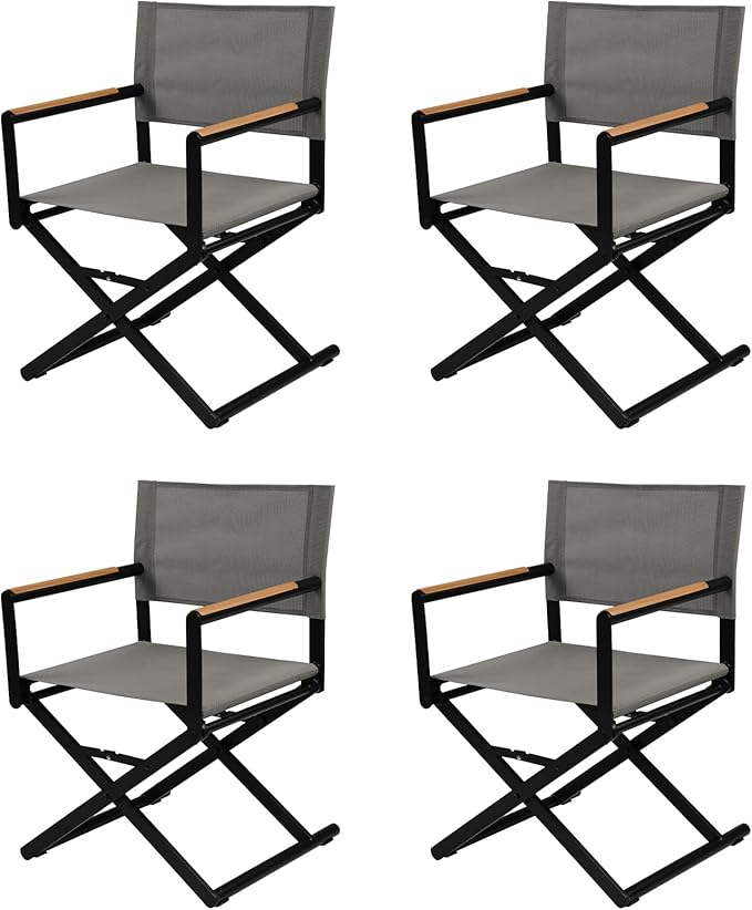 Grand patio Extra-Wide 4-Pack Directors Chairs Folding Dining Chair Set of 4 with Sling Woodgrain Armrests Outdoor Gray